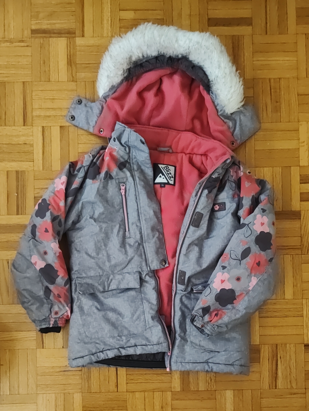 Girls' Gray & Pink Floral Winter Coat with Faux-Fur Hood